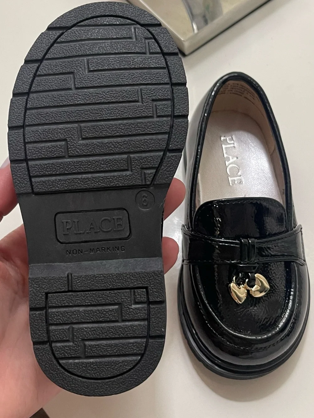 The Children's Place Black Patent Loafers with Gold Heart Charms